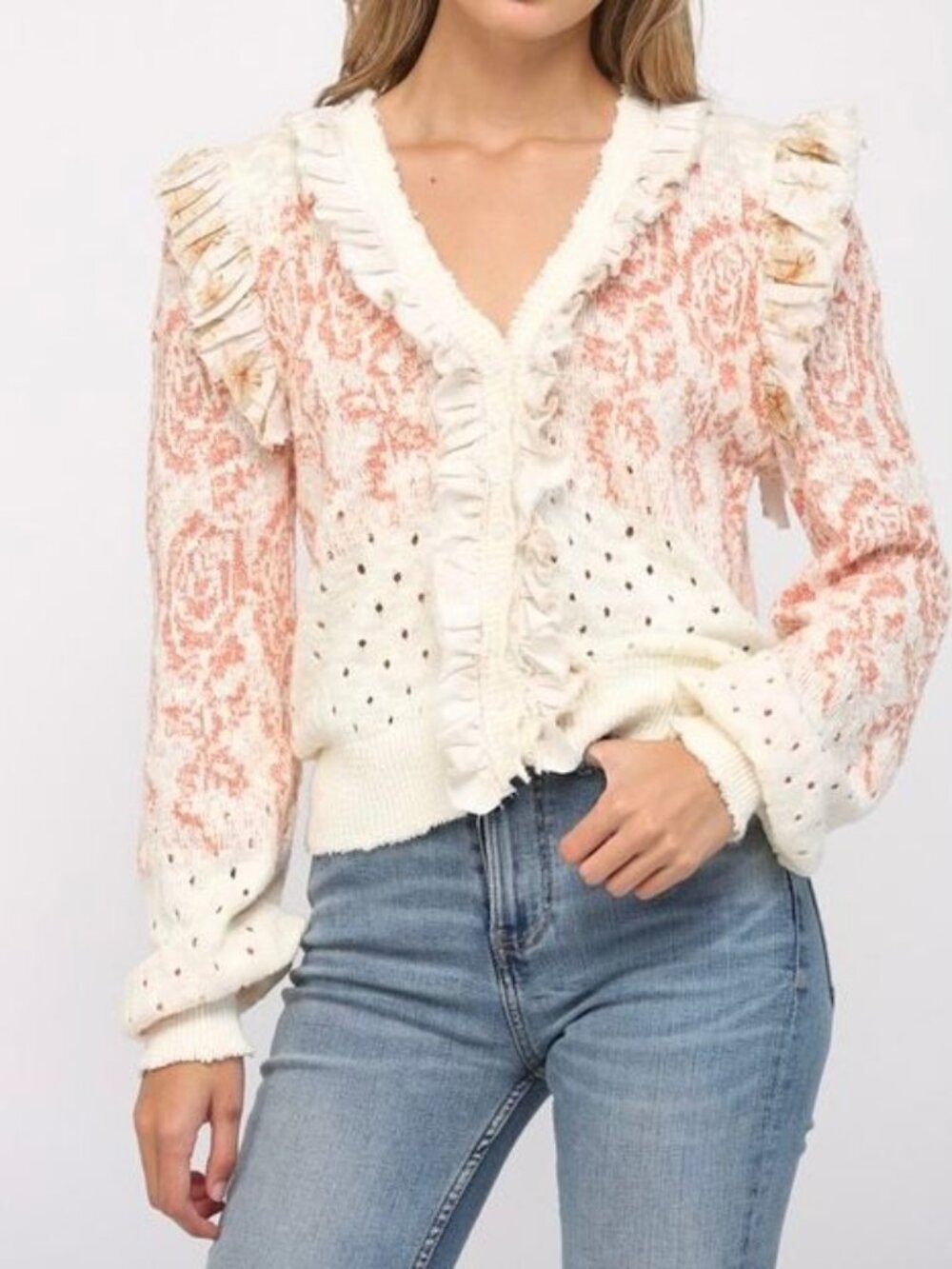 FATE Ruffle Trim Faye Cardigan Sweater - Ivory/Coral